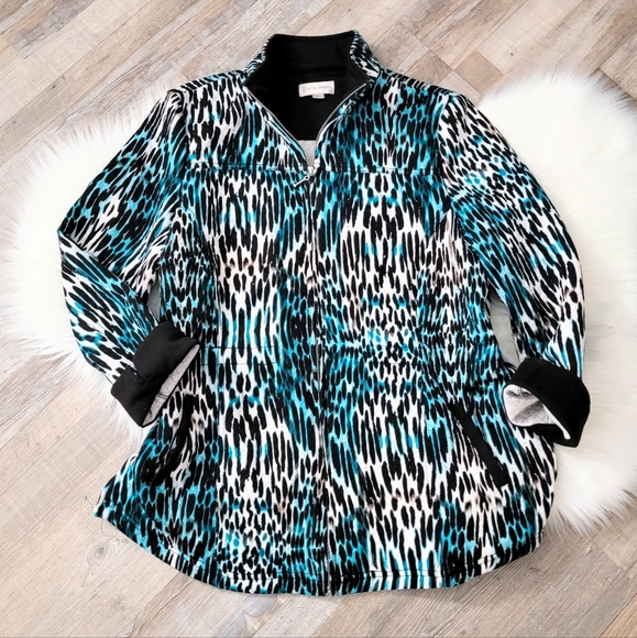 erin london Jackets & Blazers - Erin London Teal, Black Quilted Leopard Print Full Zip Jacket Size XL